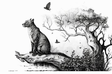 Black and white illustration of a cheetah sitting on a tree