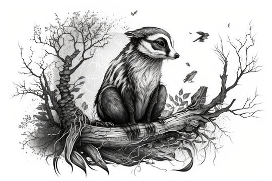 Hand drawn illustration of a raccoon sitting on a tree branch