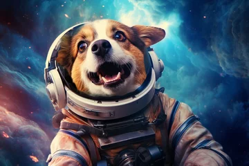 Foto auf Acrylglas UFO a dog wearing an astronaut suit and helm floating in the colorful space universe, nebula behind. Generative AI technology