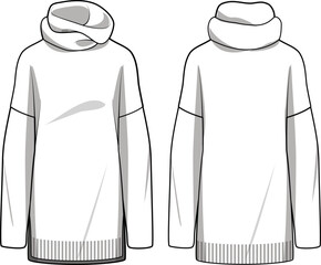 Women's Cowl Neck Knit Tunic. Technical fashion illustration. Front and back, white colour. Women's CAD mock-up.