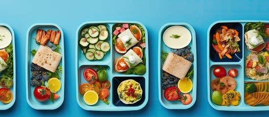 A blue background shows a top view of school lunchboxes containing a variety of healthy and nutritious meals. is taken from above, and empty space available for adding text.