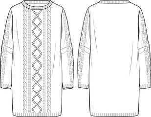 Women's Crew Neck Cable Tunic. Technical fashion illustration. Front and back, white colour. Women's CAD mock-up. - obrazy, fototapety, plakaty