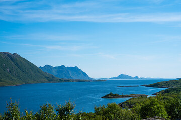 Amazing view at Lofoten islands Austvagoya, Austnesfjorden, Norway. Fjord summer landscape travelers rest area. Nordland, Coastline sea, ocean with mountains in background