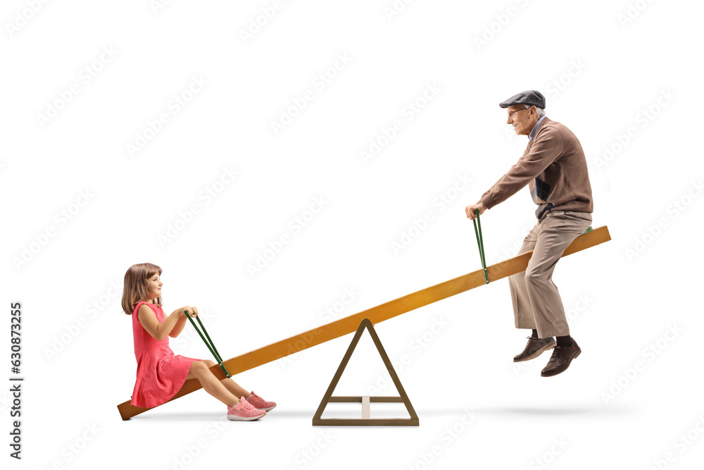 Sticker little girl playing on a seesaw with her grandfather