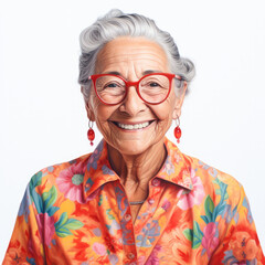 Fototapeta premium Portrait of a happy senior woman smiling at white backgroud. Generative AI. 