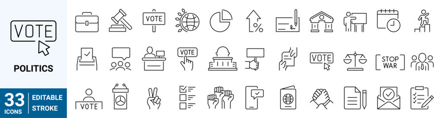 Set of 33 Politics and diplomacy. Voting Related Vector Line Icons. Raising Hands, Electronic voting and more. Editable Stroke