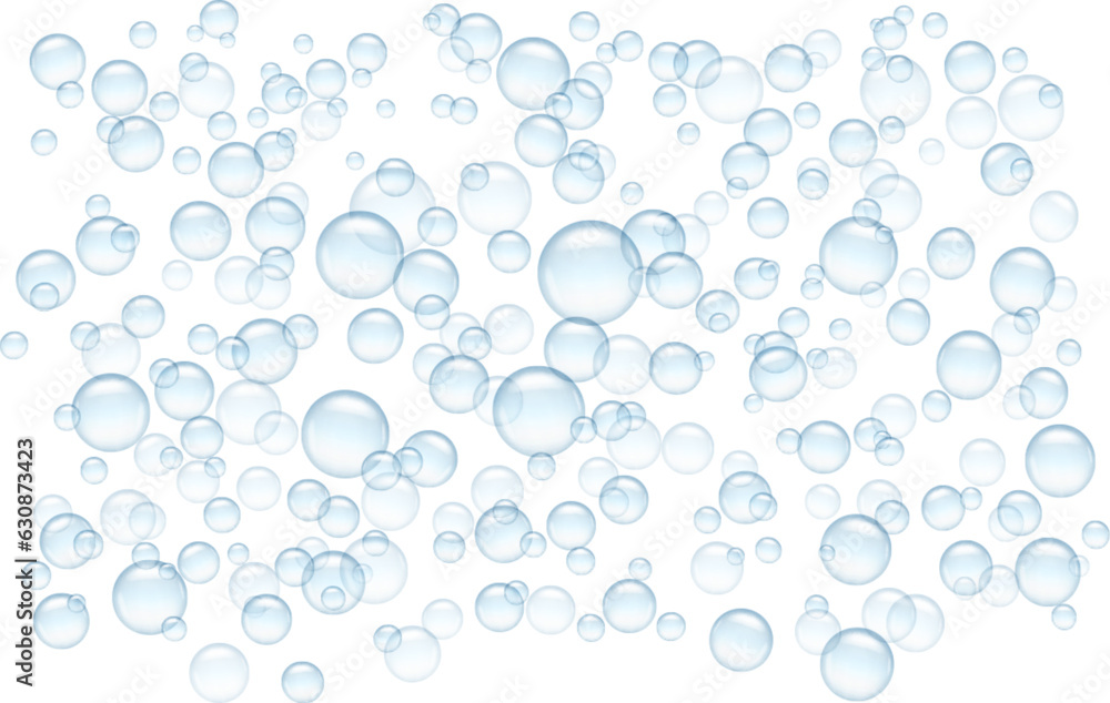 Wall mural Soap bubbles, shampoo or bath foam, lather suds in water. Flying in air transparent aqua glass spheres. Realistic laundry powder detergent or washing gel