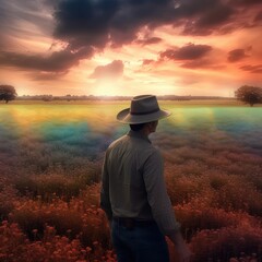 Fototapeta premium Toward a Digital Harvest: A Visionary Cowboy Hat-Clad Farmer Embraces Smart Farming's Evolution, Pioneering the Future of Agriculture in a Sunset Panorama Farm Scene