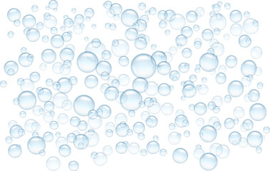 Fototapeta na wymiar Soap bubbles, shampoo or bath foam, lather suds in water. Flying in air transparent aqua glass spheres. Realistic laundry powder detergent or washing gel