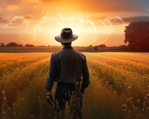 Sunset's Glimpse into Smart Farming: A Futuristic Cowboy Hat-Wearing Farmer Engaging in Agribusiness Adventures, Embracing Technology in a Panorama Field View