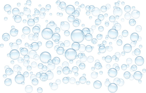Soap bubbles, shampoo or bath foam, lather suds in water. Flying in air transparent aqua glass spheres. Realistic laundry powder detergent or washing gel