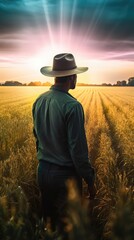 Fototapeta premium Fields of Imagination: When Science and Art Converge, an Extravaganza of Agricultural Innovation Unfolds, Orchestrated by the Weathered Hands of a Farmer Sporting a Timeless Cowboy Hat
