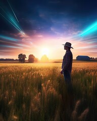 Fototapeta premium Brushstrokes of Agriculture: An Unparalleled Journey Unfolds, Painting a Vibrant Narrative of Timeless Farming, Emanating from the Tenacious Spirit of a Farmer with a Cowboy Hat, Standing Proud