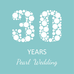 30th wedding anniversary, vector icon, logo. Graphic design element of numbers filled with white pearls on a turquoise background, for decoration for the 30th wedding anniversary.