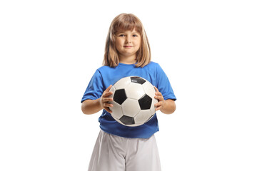 Girl in football clothes holding a ball