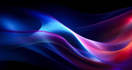 Neon abstract colored light lines moving along a dark background, light sky-blue and orange smooth and curved lines, technological fusion, vibrant colors.