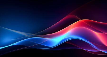 Naklejka premium Neon abstract colored light lines moving along a dark background, light sky-blue and orange smooth and curved lines, technological fusion, vibrant colors.