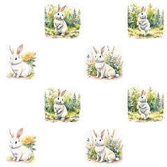 watercolor tiled pattern with cute rabbits on the white background. Rabbits illustration for kids, generative art.
