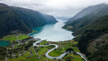 Norway, drone, end of fjord, fjord, village at the end