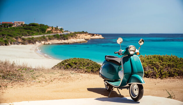 retro vespa in sardinia on the beach
