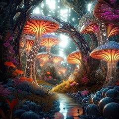 Magical, dreamy, surreal fairy tale abstract forest. AI generation