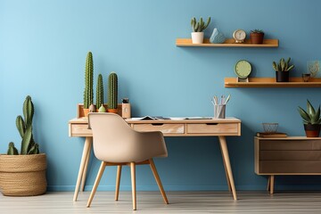 A unique and imaginative home office setup, featuring a collection of cacti, a wooden hand sculpture, and a spacious blue wall ideal for adding text or images. This workspace is perfect for