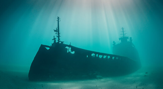 beautiful sunken ship in the depths of the sea with good lighting