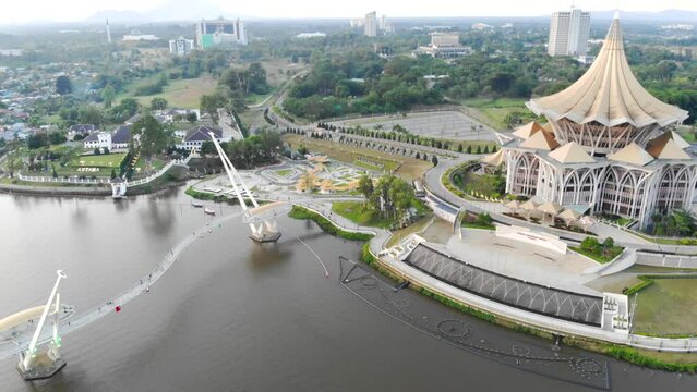 Beautiful aerial view of Darul Hana Bridge near Sarawak legislative