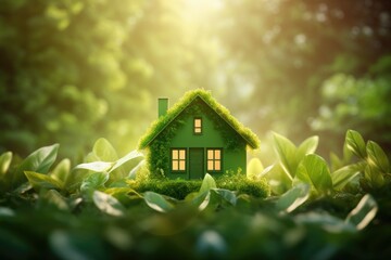 An illustration representing the concept of environmentally friendly construction and sustainable homes. The image shows a house icon situated on a lush green lawn with sunlight shining on it