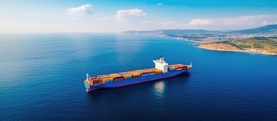 A wide-angle photo taken from an aerial drone shows a large roll-on/roll-off (RORO) car cargo ship sailing in the Mediterranean Sea, with a blue background. empty space available for adding text