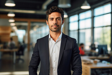 Fototapeta premium Leader in Innovation: High-Resolution Portrait of a Young Tech CEO Standing in a Bustling Office
