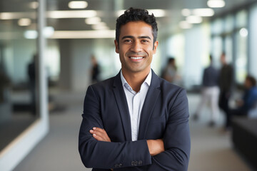 Fototapeta premium Leader in Innovation: High-Resolution Portrait of a Young Tech CEO Standing in a Bustling Office