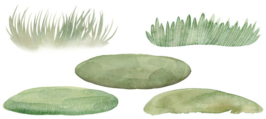 Hand Drawn Watercolor Glade of Grasses Set