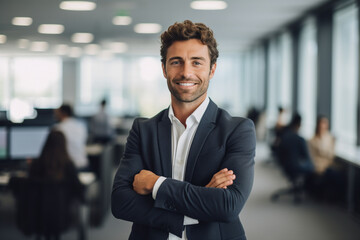 Fototapeta premium Leader in Innovation: High-Resolution Portrait of a Young Tech CEO Standing in a Bustling Office