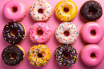 Flat lay layout of many colorful donuts: yellow glazed donuts, pink donuts, chocolate donuts.