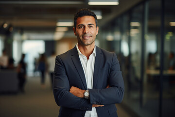 Obraz premium Leader in Innovation: High-Resolution Portrait of a Young Tech CEO Standing in a Bustling Office