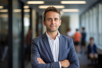 Fototapeta premium Leader in Innovation: High-Resolution Portrait of a Young Tech CEO Standing in a Bustling Office