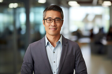 Obraz premium Leader in Innovation: High-Resolution Portrait of a Young Tech CEO Standing in a Bustling Office