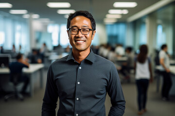Fototapeta premium Leader in Innovation: High-Resolution Portrait of a Young Tech CEO Standing in a Bustling Office