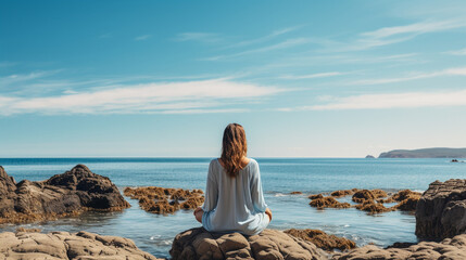 A serene beach scene with a person practicing mindfulness, promoting mental well-being 