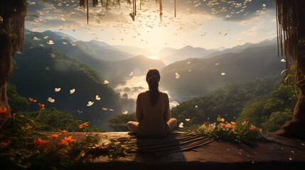 A calming nature landscape with a person meditating among lush greenery and blooming flowers 
