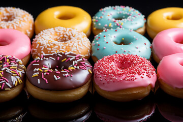 Flat lay layout of many colorful donuts: yellow glazed donuts, pink donuts, chocolate donuts.