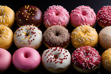 Flat lay layout of many colorful donuts: yellow glazed donuts, pink donuts, chocolate donuts.