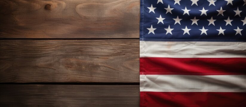 Close-up of an American flag on a red, old rustic wooden background with space for writing, in celebration of the Fourth of July, American Independence Day. This image also represents Memorial Day