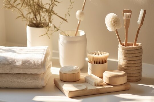 Arrangement and organization of minimal ecological body care tools in a bathroom domestic spa procedure. The bath interior uses eco friendly materials and features rolled towels, soap, a hairbrush, a