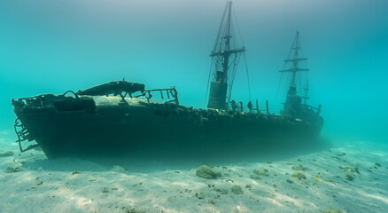 sunken old ship under the sea with good lighting in high resolution with clear water - obrazy, fototapety, plakaty
