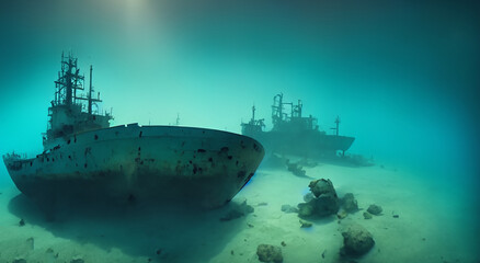 sunken old ship under the sea with good lighting in high resolution - obrazy, fototapety, plakaty