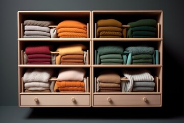 Obraz na płótnie Canvas A warm colored wooden dresser drawer opened to reveal neatly folded and cozy knitted woolen clothes. This vertical storage system adds a touch of homey decor and is perfect for organizing your