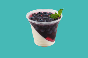 panna cotta with blueberries, mint and milk jelly on a green background, studio shot