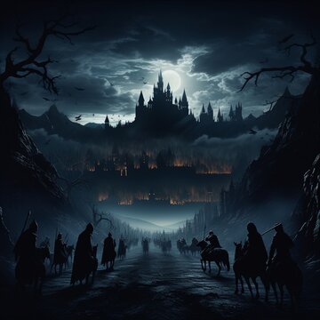 Dunkler Hintergrund mit digitalen Silhouetten mittelalterlicher Burgen und kriegf&uuml;hrender St&auml;mme